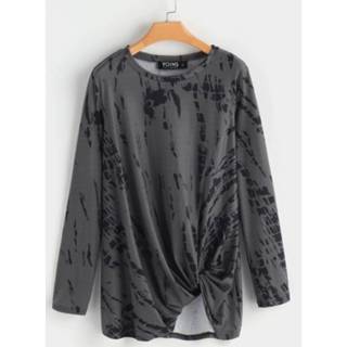 👉 Shirt grijs polyester One Size vrouwen Grey Crossed Front Design Random Floral Print Round Neck Long Sleeves T-shirt