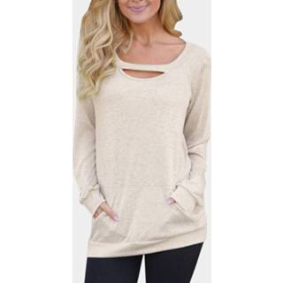 👉 Shirt kaki other One Size vrouwen Khaki Cut Out Round Neck Long Sleeves Top