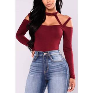 👉 Shirt polyester One Size vrouwen burgundy Sexy Cold Shoulder Long Sleeves Cut Out Bodysuit