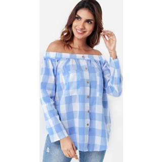 👉 Shirt blauw other One Size vrouwen Blue Grid Off The Shoulder Long Sleeves Blouse