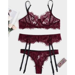 👉 Suspender polyester One Size vrouwen burgundy Eyelash Trim Design Lace Lingerie Set