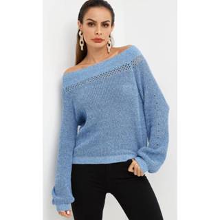 👉 Shirt blauw nylon One Size vrouwen Blue Off Shoulder Long Sleeves Hollow Sweater