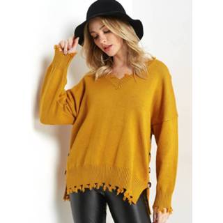 👉 Sweater polyester One Size vrouwen geel Mustard V-neck Ripped Hem Button-down Side Knit
