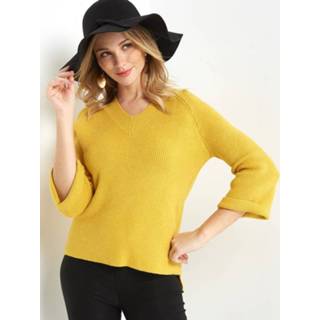👉 Shirt geel acrylic One Size vrouwen Casual Yellow Plain V-neck 3/4 Length Sleeves Regular Fit Sweaters