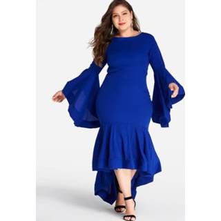 👉 Shirt blauw cotton One Size vrouwen Plus Blue Bell Sleeves High-Low hem Dress