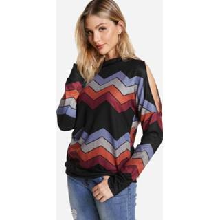 👉 Shirt zwart cotton One Size vrouwen Black Stripe Cold Shoulder Long Sleeves Turtleneck Tee