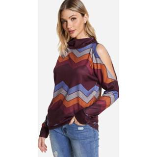 👉 Shirt cotton One Size vrouwen burgundy Stripe Cold Shoulder Long Sleeves Turtleneck Tee