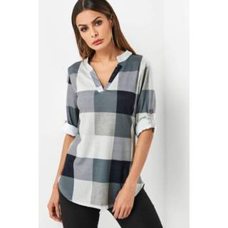 Shirt grijs polyester One Size vrouwen Grey Grid Pattern V-neck Button Design Adjustable Length Sleeves Curve Hem Blouse