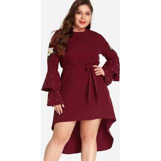 👉 Shirt cotton One Size vrouwen burgundy Plus Embroidered Beaded Tiered Bell Sleeve Dress