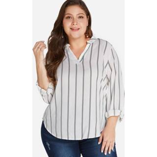 👉 Blous wit cotton One Size vrouwen Plus White Striped V-neck Blouse