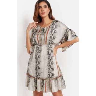 👉 Shirt polyester One Size vrouwen multi Snake Bell Sleeves Ruffle Hem Short Dresses