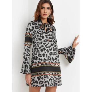 👉 Shirt polyester One Size vrouwen multi Leopard Self-tie Neck Bell Sleeves Short Dresses