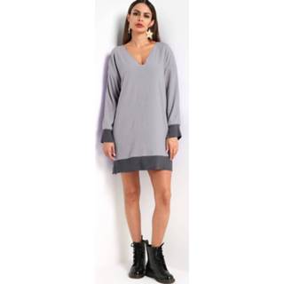 👉 Shirt grijs cotton One Size vrouwen Grey V-neck Long Sleeves Patchwork Sweatshirt Dress