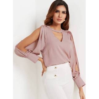 👉 Roze polyester One Size vrouwen Dust Pink Keyhole Cutout Cold Shoulder Chiffon Top
