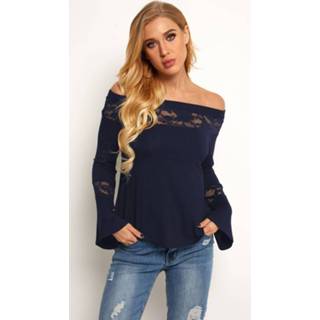 👉 Shirt rayon One Size vrouwen marine Navy Lace Insert Off The Shoulder Bell Sleeves T-shirt