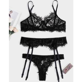 👉 Suspender zwart polyester One Size vrouwen Black Eyelash Trim Design Lace Lingerie Set