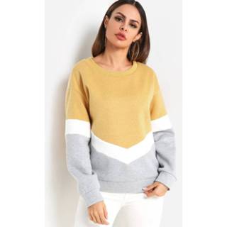 👉 Shirt cotton One Size vrouwen color block Stripe Details Crew Neck Long Sleeves Sweatshirt