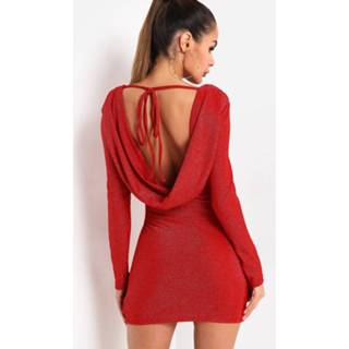 👉 Shirt rood cotton One Size vrouwen Red Backless Long Sleeves Bodycon Dress