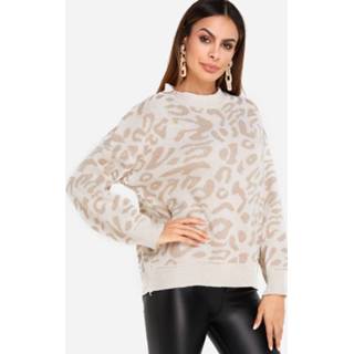 👉 Pullover beige polyester One Size vrouwen Leopard Print Crew Neck Long Sleeved Knit Sweater in