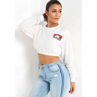 Sweatshirt wit cotton One Size vrouwen White Crew Neck Elastic Drawstring Hem Crop