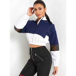 👉 Sweatshirt cotton One Size vrouwen color block Stand Collar Fishnet Crop