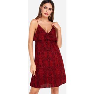 👉 Dress rood polyester One Size vrouwen Red Snake Pattern Spaghetti Strap Flounced Details