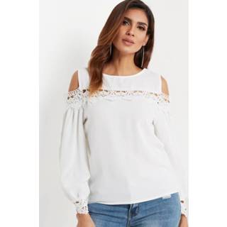 👉 Shirt wit other One Size vrouwen White Lace Insert Cold Shoulder Lantern Sleeves Blouse