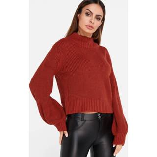 👉 Shirt rood acrylic One Size vrouwen Red Plain Round Neck Lantern Sleeves Sweater