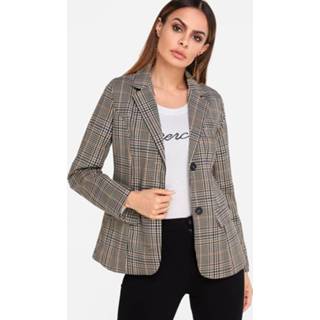 👉 Shirt acrylic One Size vrouwen kaki Grid Single Breasted Lapel Collar Patch Pockets Long Sleeves Blazer