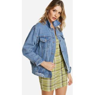 👉 Shirt blauw denim One Size vrouwen Blue Side Pockets Lapel Collar Single Breasted Long Sleeves Jacket