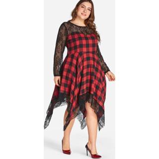 👉 Dress rood cotton One Size vrouwen Plus Red Plaid Lace Insert