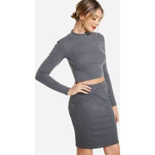 Shirt grijs cotton One Size vrouwen Grey Plain Perkins Collar Long Sleeves Bodycon Fit Top