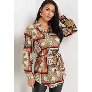 👉 Shirt other One Size vrouwen multi Random Scarf Print Lapel Collar Long Sleeves Blouse With Belt