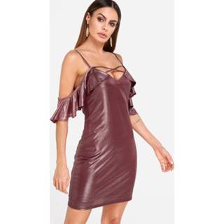 👉 Dress polyester One Size vrouwen burgundy Flounced Details V-neck Cold Shoulder