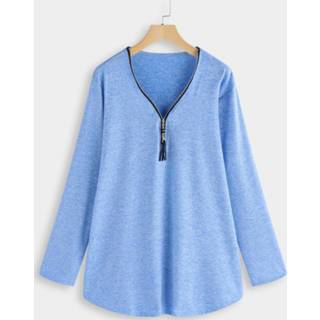 👉 Blous blauw cotton One Size vrouwen Plus Blue Tassel Detail Zipper Front Blouse