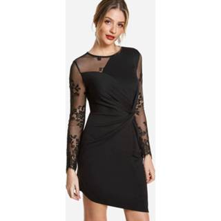 👉 Shirt zwart polyester One Size vrouwen Black Lace Insert Twist Round Neck Long Sleeves Dress