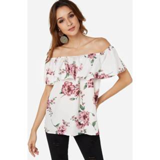 👉 Short sleeve wit polyester One Size vrouwen White Random Floral Print Off Shoulder Sleeves Blouse