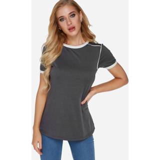 👉 Short sleeve grijs polyester One Size vrouwen Dark Grey Crew Neck Sleeves Plain T-shirt