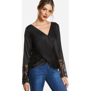 👉 Zwart polyester One Size vrouwen Black V-neck Wrap Cross Front Long Sleeved with Lace Cuffs Top