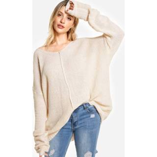 👉 Shirt beige acrylic One Size vrouwen V-neck Long Sleeves Oversize Sweater