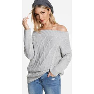 👉 Shirt grijs other One Size vrouwen Grey Off The Shoulder Long Sleeves Cable Knit Sweater
