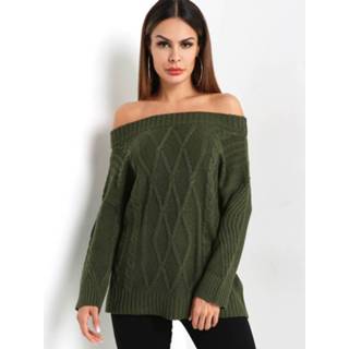 👉 Shirt donkergroen other One Size vrouwen Army Green Cable Knit Off The Shoulder Long Sleeves Sweater