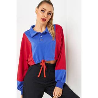 👉 Shirt other One Size vrouwen color block Self-tie Design Lapel Collar Long Sleeves Silhouette Crop Sweatshirt