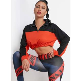 Pullover zwart rood polyester One Size vrouwen color block Black and Red Colorblock Zipper Front Drawstring Hem Crop Sweatshirt