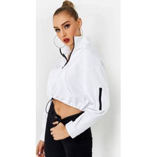 👉 Sweatshirt wit One Size vrouwen White Zipper Front Pouch Pocket Drawstring Hem Crop