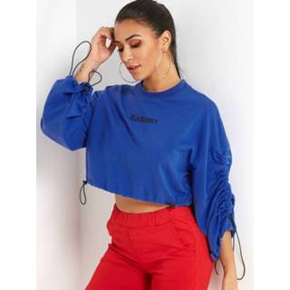 👉 Blauw One Size vrouwen Blue Letter Print Drawstring Design Crop Sweatshit