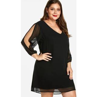 👉 Shirt zwart chiffon One Size vrouwen Plus Black Split Sleeves Mini Dress 963595250376