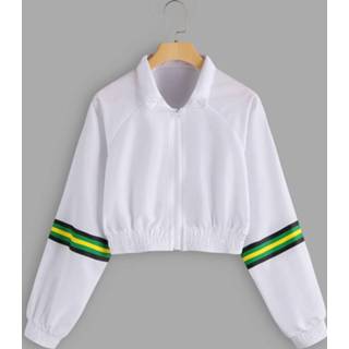 👉 Pullover wit polyester One Size vrouwen White Stripe Zipper Front Crop Sweatshirt