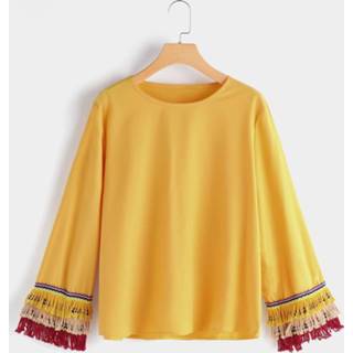 👉 Shirt polyester One Size vrouwen geel Mustard Bell Sleeve Tassel Cuffs Top