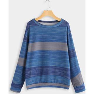 👉 Shirt blauw other One Size vrouwen Blue Color Block Stripe Round Neck Long Sleeves Tee